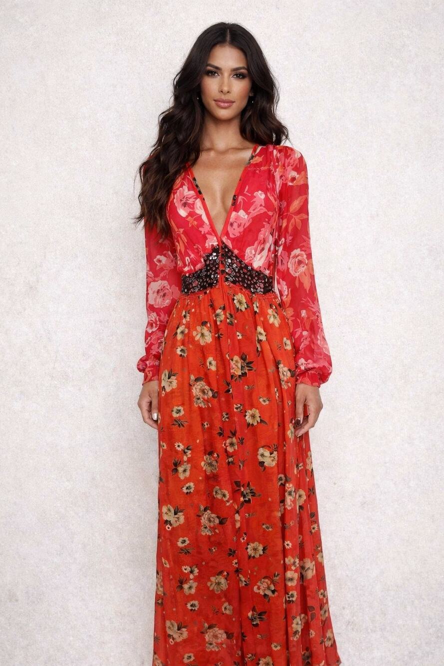 ATTICO Red Pink Silk Floral Print Button Front Maxi Dress size Small REPAIRED